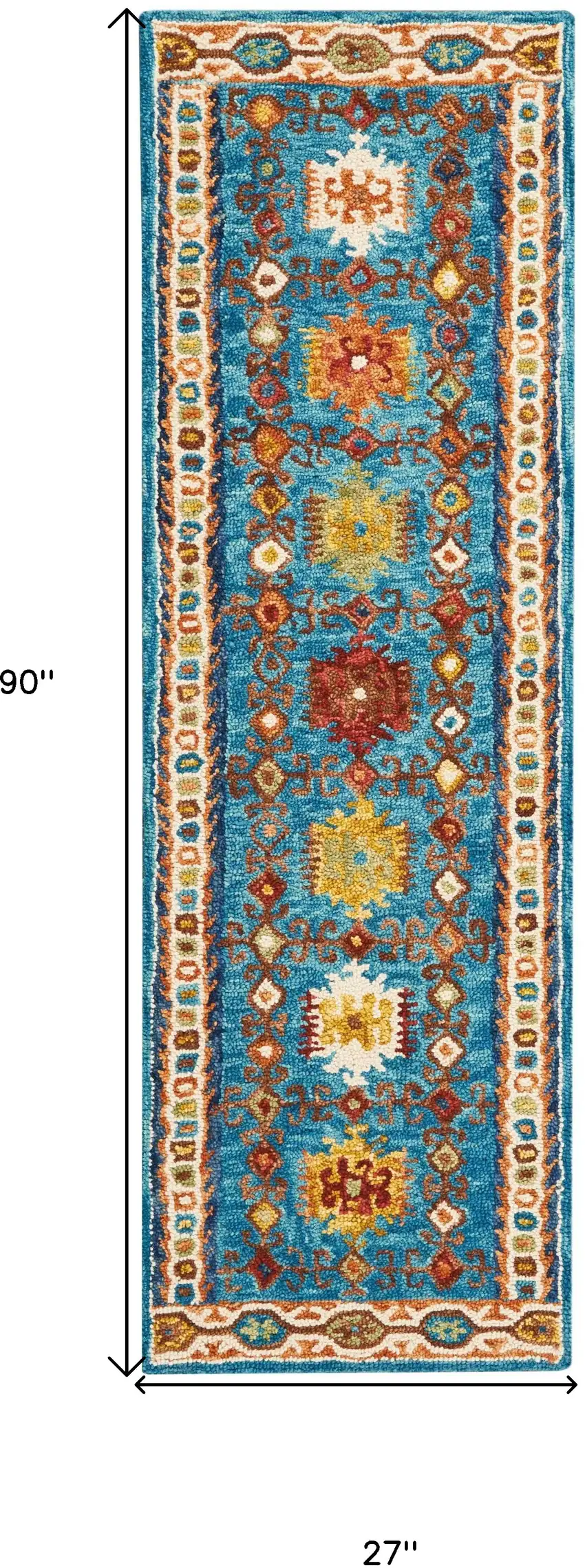 8' Navy Blue Orange And Green Wool Floral Hand Tufted Distressed Runner Rug Photo 3