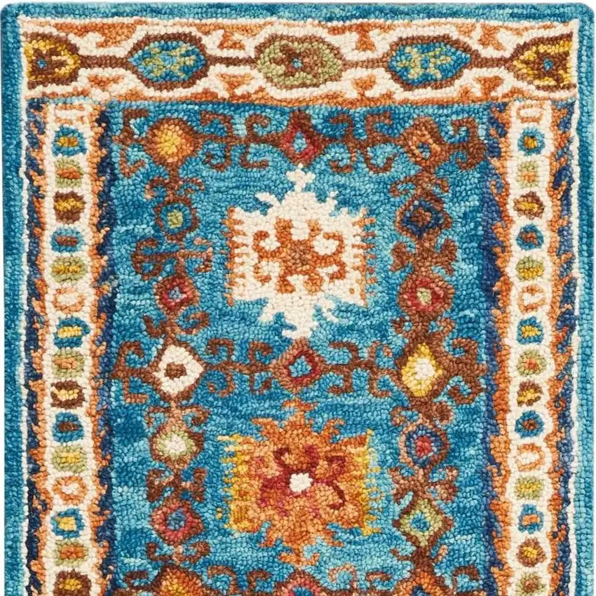 8' Navy Blue Orange And Green Wool Floral Hand Tufted Distressed Runner Rug Photo 4