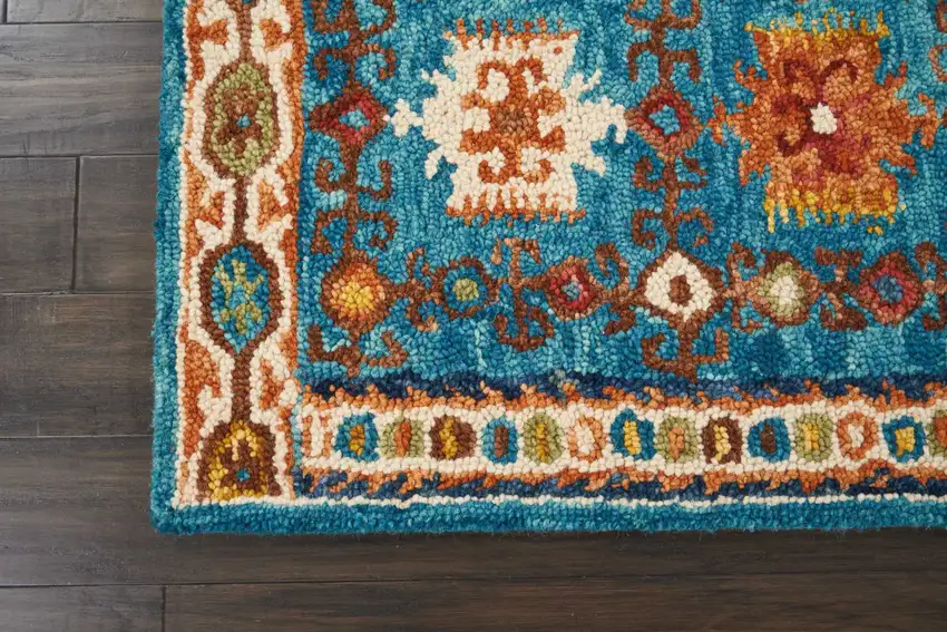 8' Navy Blue Orange And Green Wool Floral Hand Tufted Distressed Runner Rug Photo 6