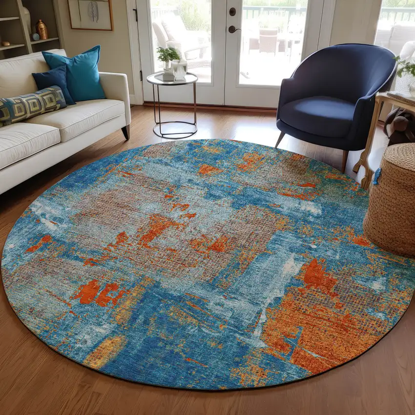 8' Navy Blue Orange And Ivory Round Abstract Washable Indoor Outdoor Area Rug Photo 8