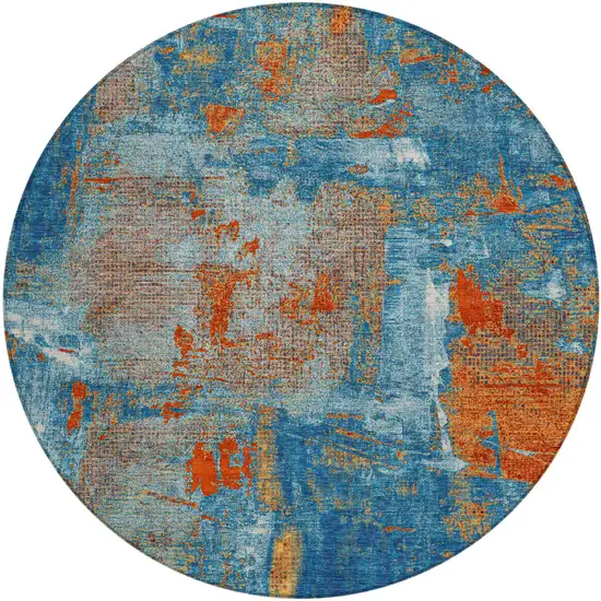 8' Navy Blue Orange And Ivory Round Abstract Washable Indoor Outdoor Area Rug Photo 2