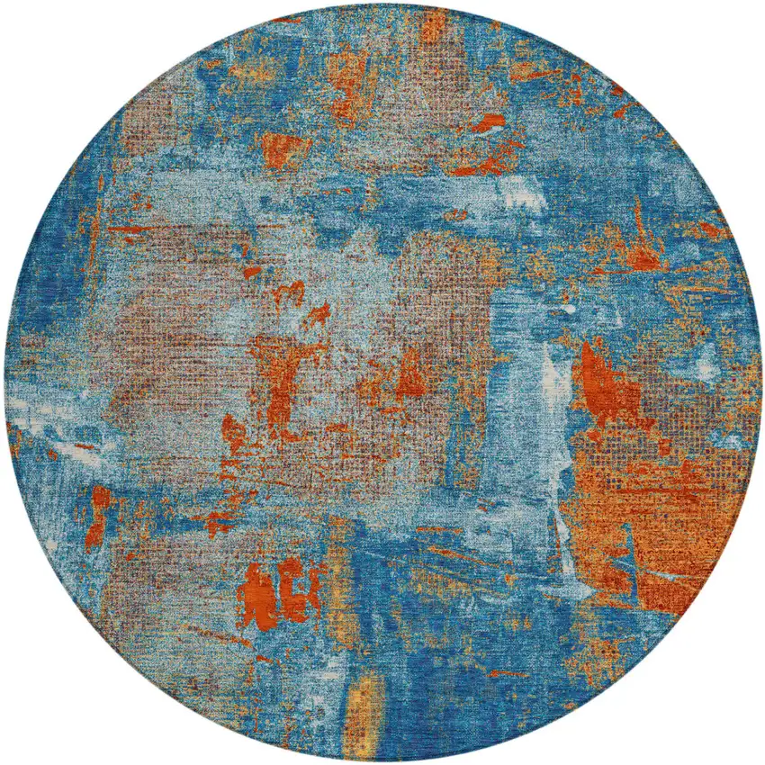 8' Navy Blue Orange And Ivory Round Abstract Washable Indoor Outdoor Area Rug Photo 2