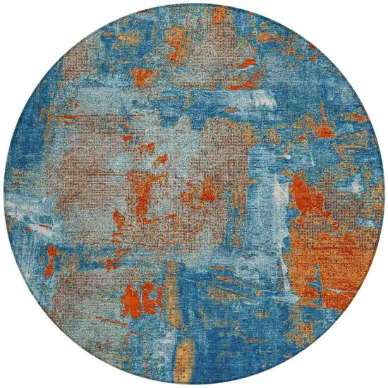 8' Navy Blue Orange And Ivory Round Abstract Washable Indoor Outdoor Area Rug Photo 6