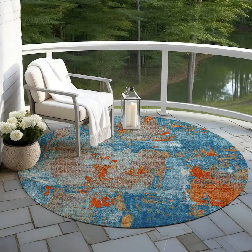8' Navy Blue Orange And Ivory Round Abstract Washable Indoor Outdoor Area Rug Photo 7