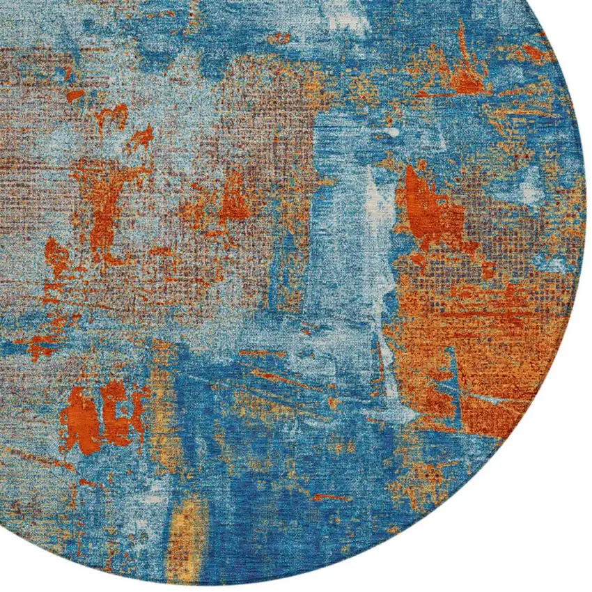8' Navy Blue Orange And Ivory Round Abstract Washable Indoor Outdoor Area Rug Photo 5