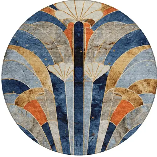 8' Navy Blue Orange And Ivory Round Geometric Washable Indoor Outdoor Area Rug Photo 4