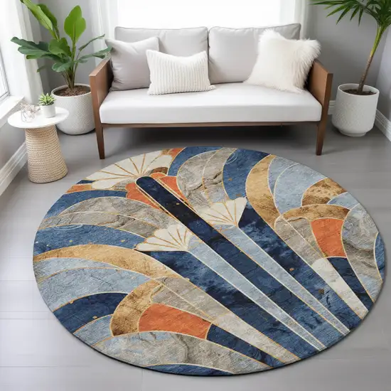 8' Navy Blue Orange And Ivory Round Geometric Washable Indoor Outdoor Area Rug Photo 9