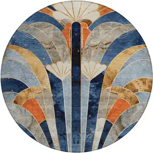 Photo of 8' Navy Blue Orange And Ivory Round Geometric Washable Indoor Outdoor Area Rug
