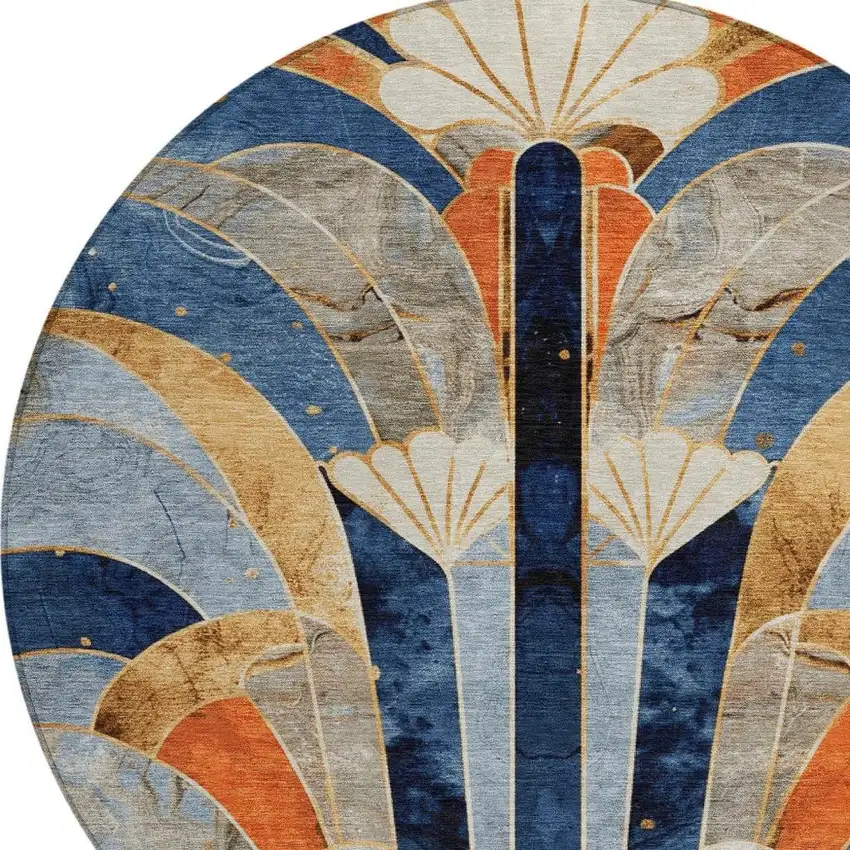 8' Navy Blue Orange And Ivory Round Geometric Washable Indoor Outdoor Area Rug Photo 5