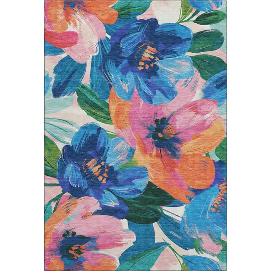 8' Navy Blue Orange And Pink Floral Washable Area Rug With UV Protection Photo 1