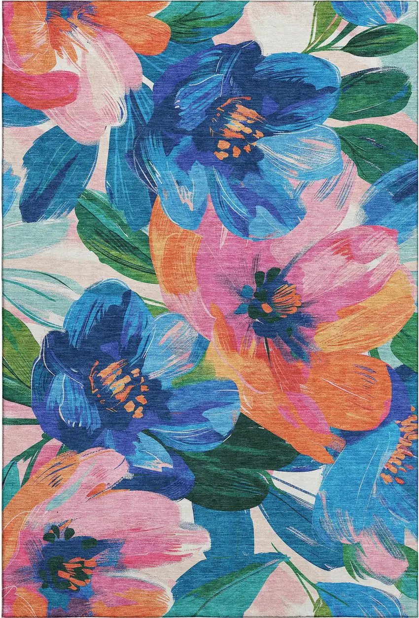 8' Navy Blue Orange And Pink Floral Washable Area Rug With UV Protection Photo 1