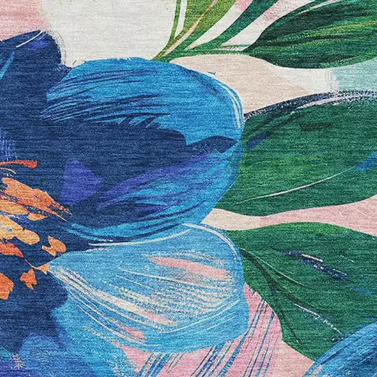 8' Navy Blue Orange And Pink Floral Washable Area Rug With UV Protection Photo 2