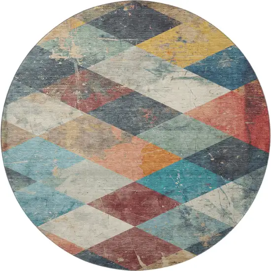 8' Navy Blue Orange And Red Geometric Washable Round Rug With UV Protection Photo 4
