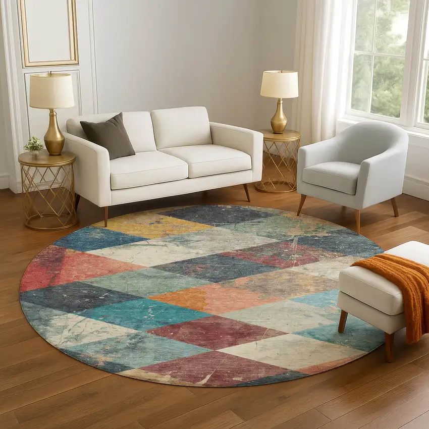 8' Navy Blue Orange And Red Geometric Washable Round Rug With UV Protection Photo 5