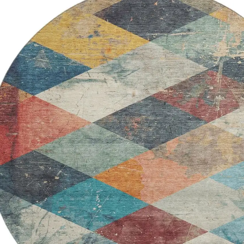 8' Navy Blue Orange And Red Geometric Washable Round Rug With UV Protection Photo 3