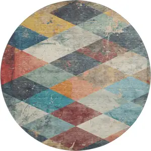 Photo of 8' Navy Blue Orange And Red Geometric Washable Round Rug With UV Protection