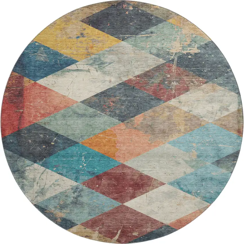 8' Navy Blue Orange And Red Geometric Washable Round Rug With UV Protection Photo 1