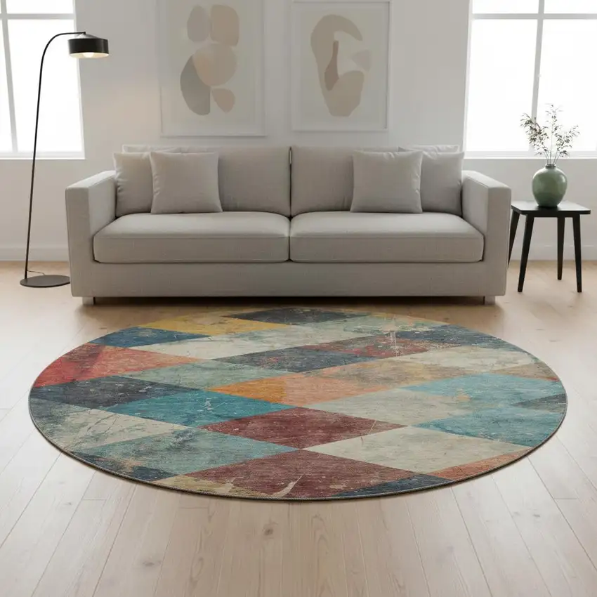 8' Navy Blue Orange And Red Geometric Washable Round Rug With UV Protection Photo 2