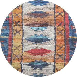 Photo of 8' Navy Blue Orange And Red Tribal Washable Round Rug With UV Protection