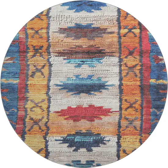 8' Navy Blue Orange And Red Tribal Washable Round Rug With UV Protection Photo 1