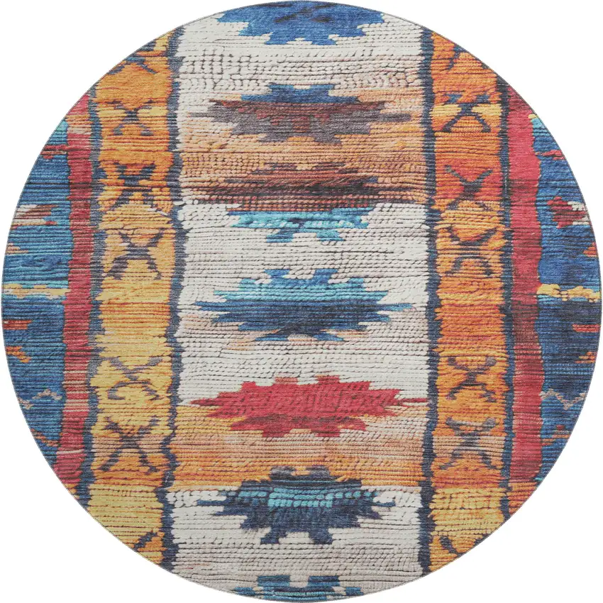 8' Navy Blue Orange And Red Tribal Washable Round Rug With UV Protection Photo 1