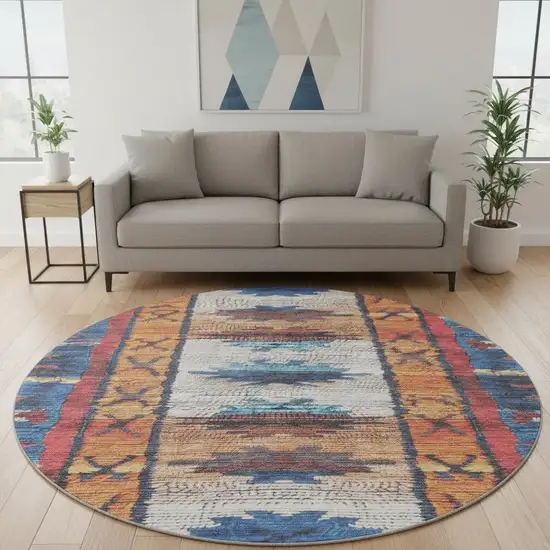 8' Navy Blue Orange And Red Tribal Washable Round Rug With UV Protection Photo 2