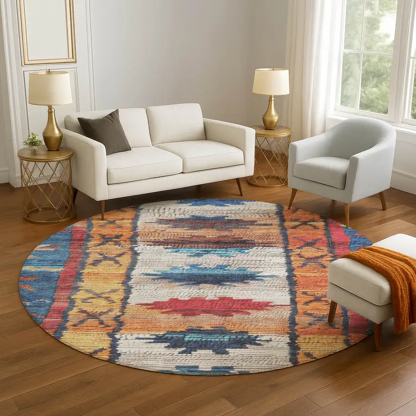8' Navy Blue Orange And Red Tribal Washable Round Rug With UV Protection Photo 4