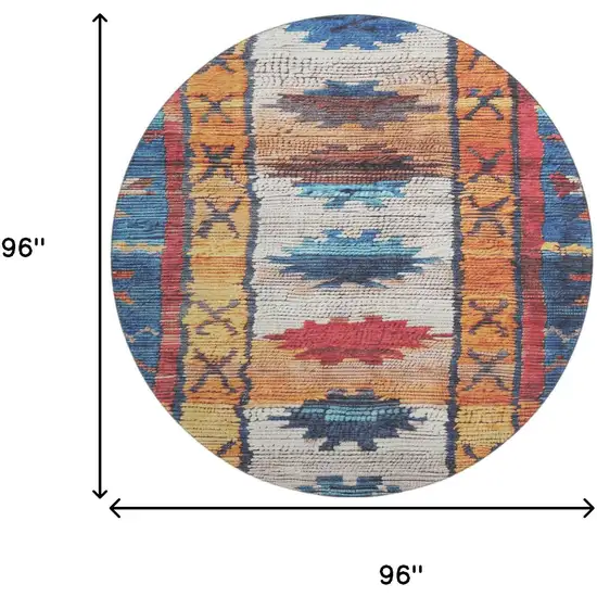 8' Navy Blue Orange And Red Tribal Washable Round Rug With UV Protection Photo 9