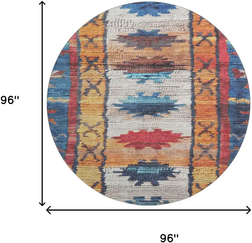8' Navy Blue Orange And Red Tribal Washable Round Rug With UV Protection Photo 9