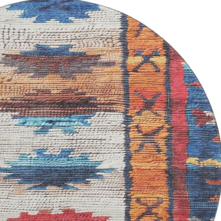 8' Navy Blue Orange And Red Tribal Washable Round Rug With UV Protection Photo 3