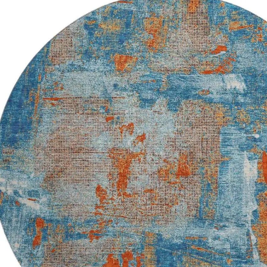 8' Navy Blue Orange And Teal Abstract Washable Round Rug With UV Protection Photo 2