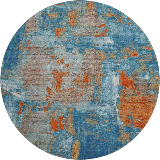 8' Navy Blue Orange And Teal Abstract Washable Round Rug With UV Protection Photo 1
