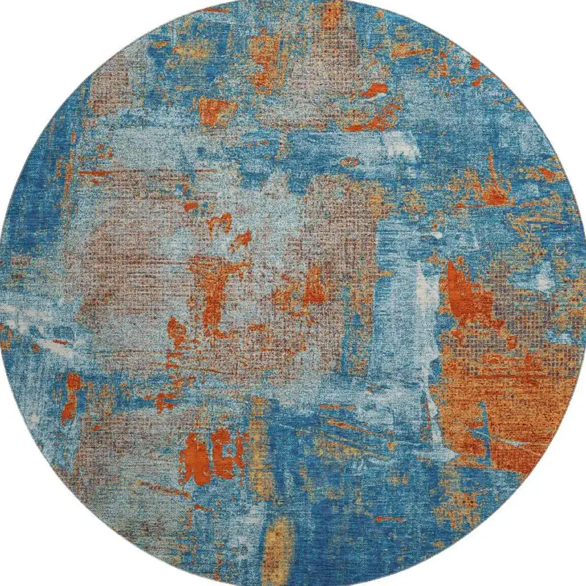 8' Navy Blue Orange And Teal Abstract Washable Round Rug With UV Protection Photo 3