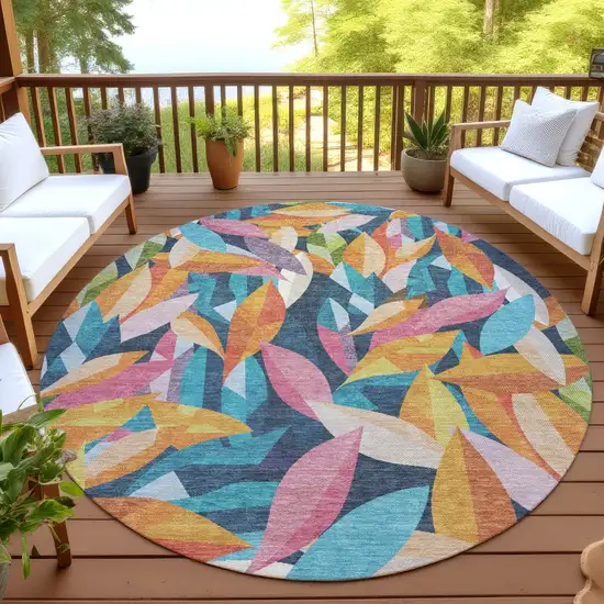 8' Navy Blue Orange And Yellow Round Floral Washable Indoor Outdoor Area Rug Photo 4