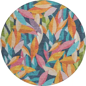 Photo of 8' Navy Blue Orange And Yellow Round Floral Washable Indoor Outdoor Area Rug