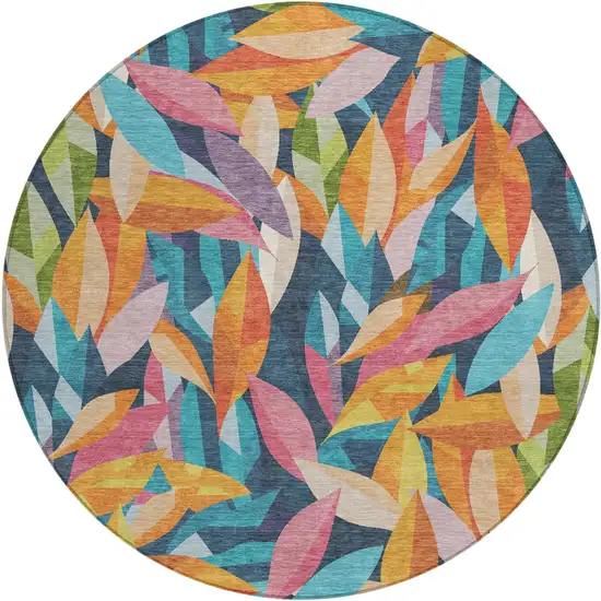 8' Navy Blue Orange And Yellow Round Floral Washable Indoor Outdoor Area Rug Photo 1