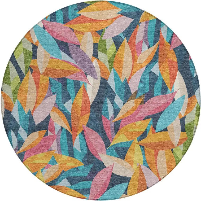 8' Navy Blue Orange And Yellow Round Floral Washable Indoor Outdoor Area Rug Photo 1