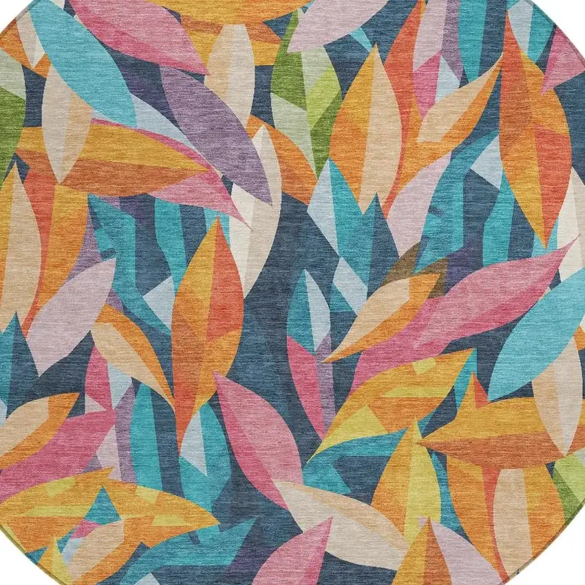 8' Navy Blue Orange And Yellow Round Floral Washable Indoor Outdoor Area Rug Photo 2