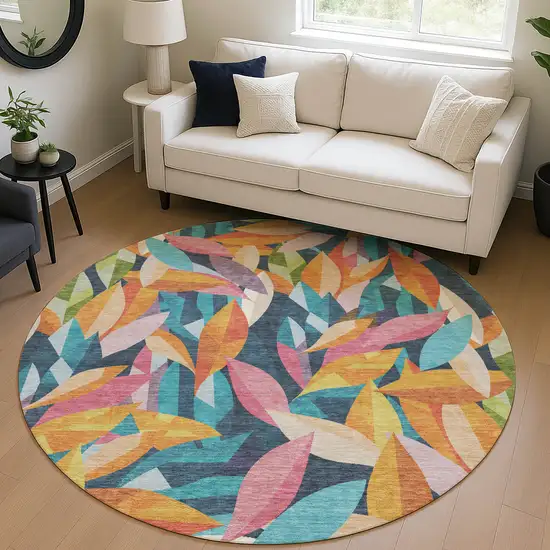 8' Navy Blue Orange And Yellow Round Floral Washable Indoor Outdoor Area Rug Photo 5