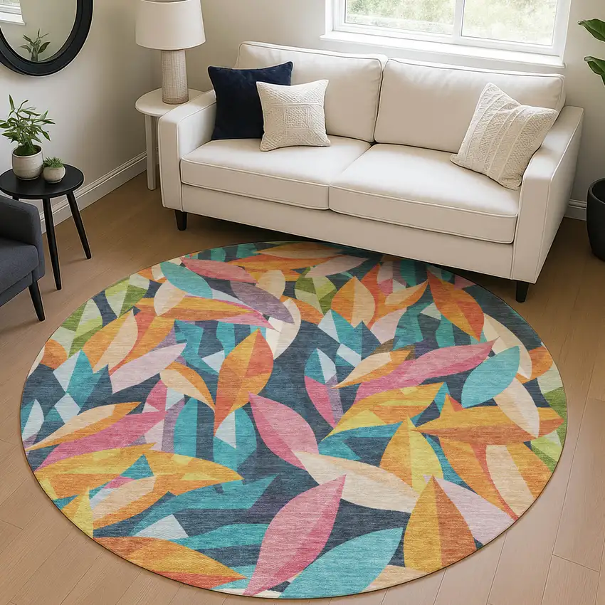 8' Navy Blue Orange And Yellow Round Floral Washable Indoor Outdoor Area Rug Photo 5