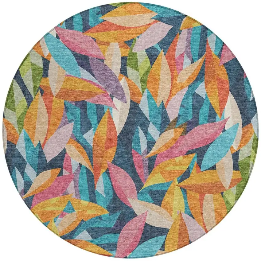 8' Navy Blue Orange And Yellow Round Floral Washable Indoor Outdoor Area Rug Photo 3