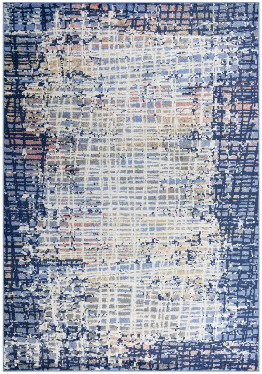 8' Navy Blue Pink Yellow Gray And Ivory Abstract Area Rug Photo 2