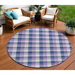 Photo of 8' Navy Blue Purple And Beige Round Plaid Washable Indoor Outdoor Area Rug