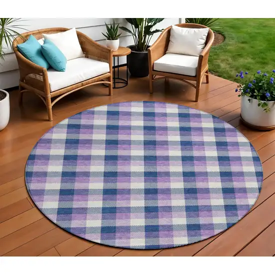 8' Navy Blue Purple And Beige Round Plaid Washable Indoor Outdoor Area Rug Photo 1