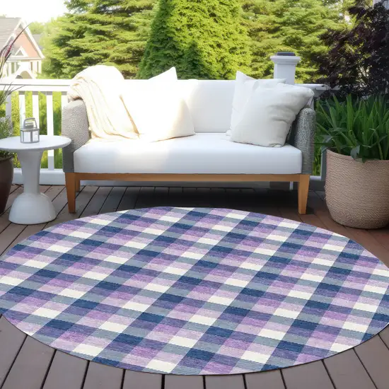 8' Navy Blue Purple And Beige Round Plaid Washable Indoor Outdoor Area Rug Photo 5