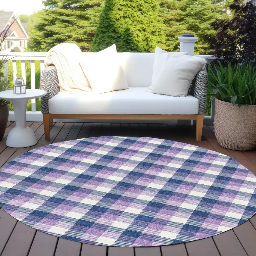 8' Navy Blue Purple And Beige Round Plaid Washable Indoor Outdoor Area Rug Photo 5