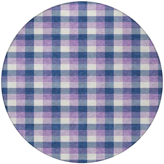 8' Navy Blue Purple And Beige Round Plaid Washable Indoor Outdoor Area Rug Photo 4