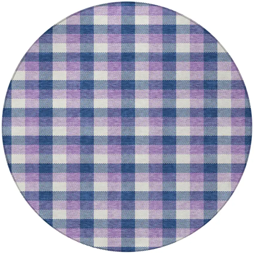 8' Navy Blue Purple And Beige Round Plaid Washable Indoor Outdoor Area Rug Photo 4