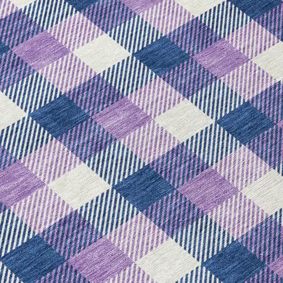 8' Navy Blue Purple And Beige Round Plaid Washable Indoor Outdoor Area Rug Photo 8