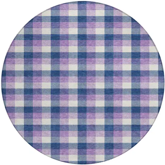 8' Navy Blue Purple And Beige Round Plaid Washable Indoor Outdoor Area Rug Photo 2
